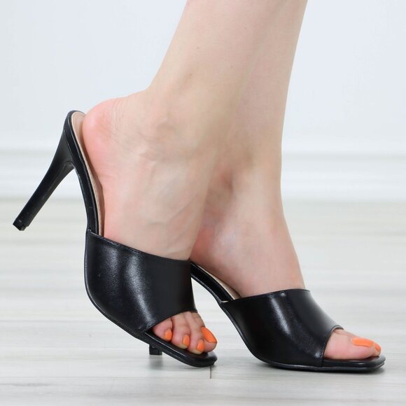Black High Heel Sandals Square Open Toe Slip On Mules Stiletto's - Picture 8 of 11